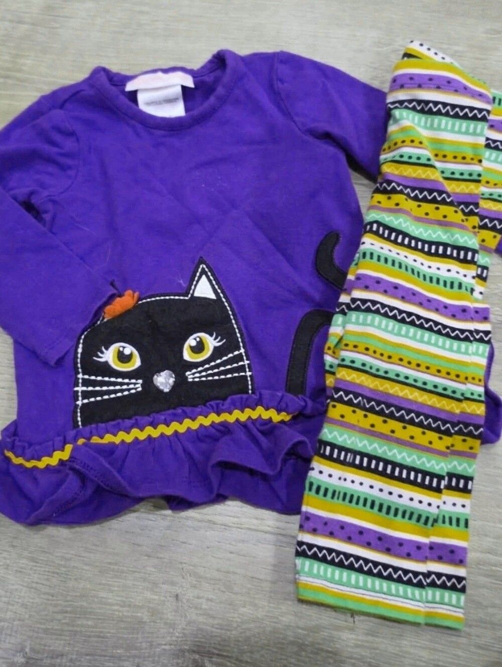 Bonnie Baby Girls Halloween Outfit Purple Cat Top and Striped Leggings 12 Months